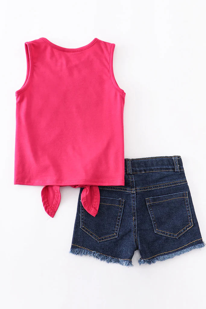 Fuchsia and Floral Top with Distressed Denim Shorts