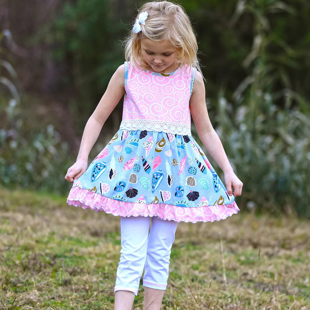 Girls Pink Seashells and White Capri Leggings Set