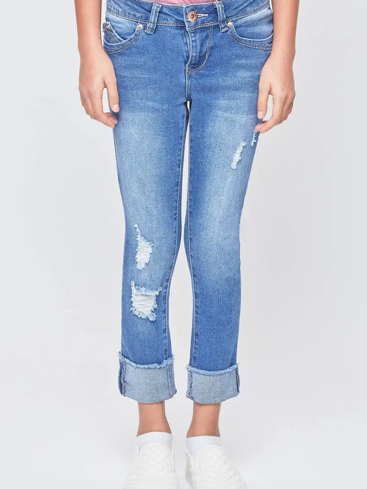 Girls Distressed Cuffed Denim Jeans