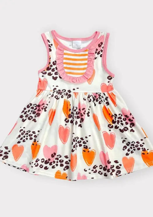 Cream Dress with Printed Hearts and Leopard Ruffle Bib