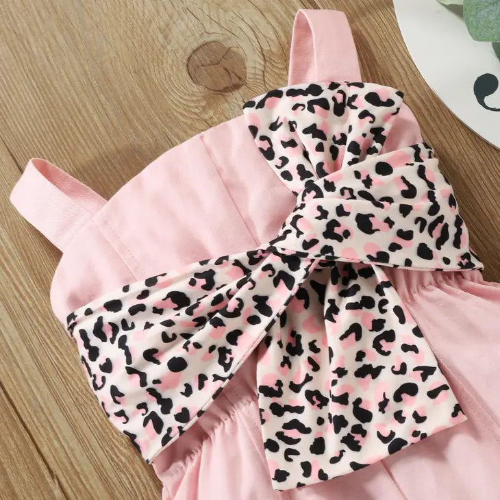 Pink Denim Leopard Print Bow Decor Sleeveless Baby Overalls