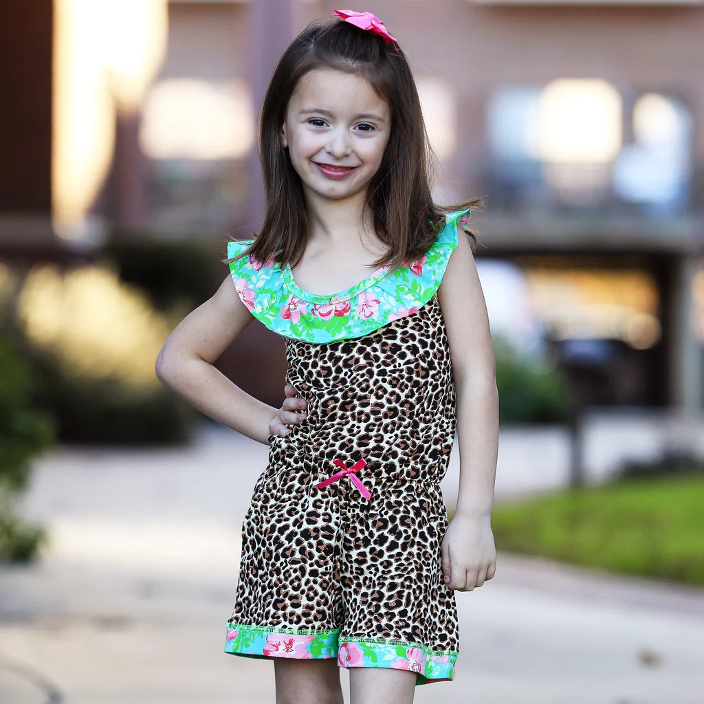 Girls Leopard Floral Cotton Jumpsuit/Romper
