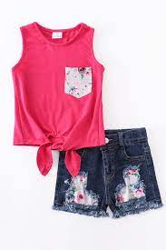 Fuchsia and Floral Top with Distressed Denim Shorts